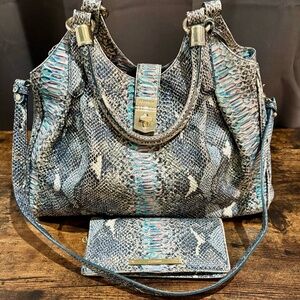 Brahmin Blue Animal Print Shoulder Bag Purse with Matching Wallet